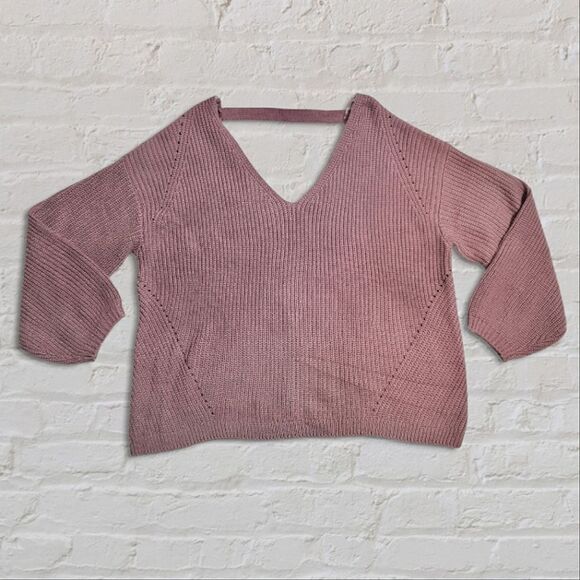 89th & Madison Rosey Mauve Faux Rhinestone Ribbed V-Neck Bishop Sleeve Sweater - Picture 3 of 8